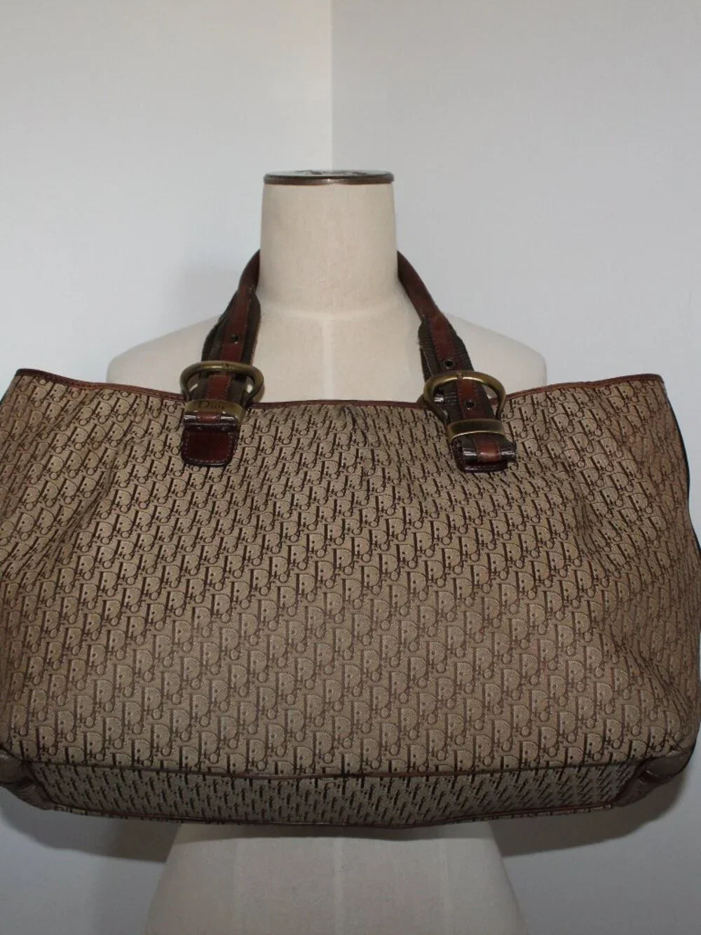 Christian Dior Vintage Trotter Canvas Tote Monogram  Brown Buckle Shoulder Bag